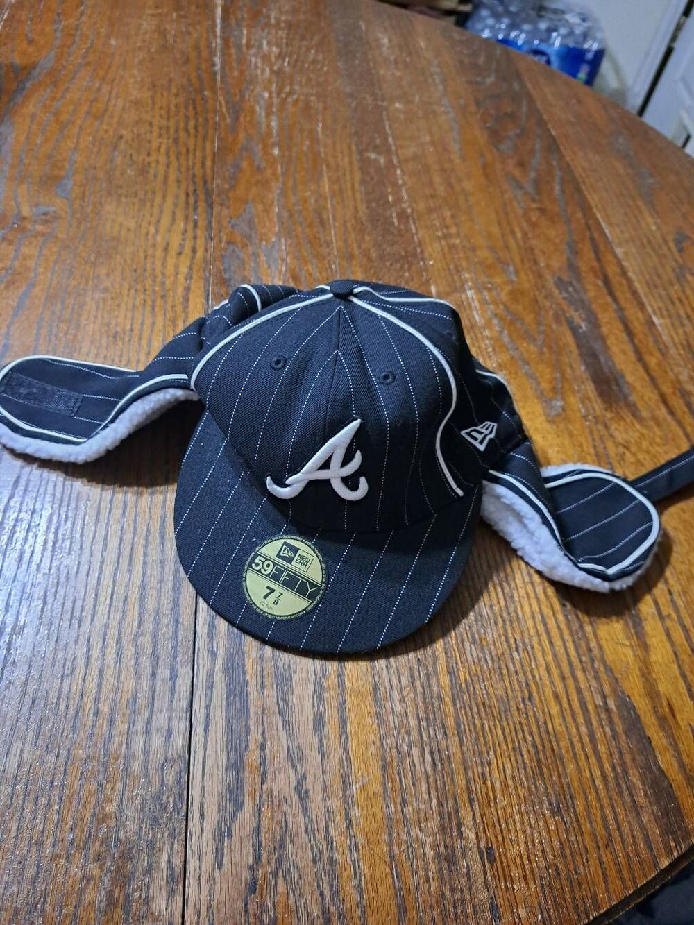 Rare New Era 59Fifty Atlanta Braves Cap Hat with Dog Ear Warmers Decals Attached